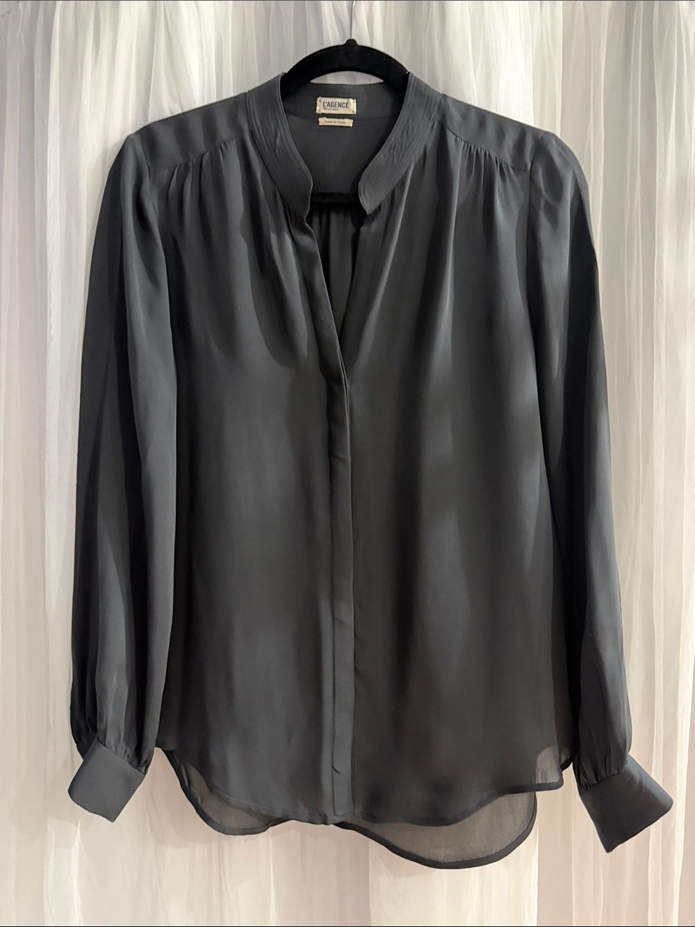 L'AGENCE Black Satin Band-Collar Button-Down Blouse